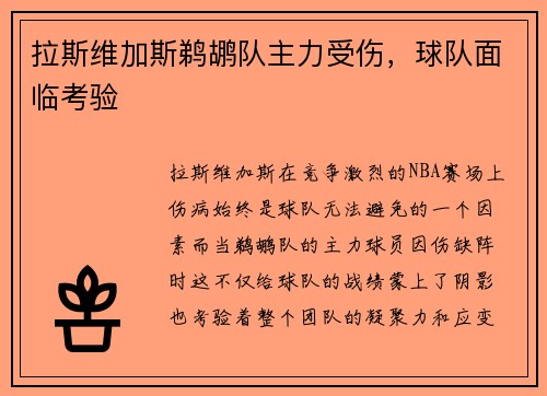 拉斯维加斯鹈鹕队主力受伤，球队面临考验