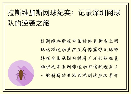拉斯维加斯网球纪实：记录深圳网球队的逆袭之旅