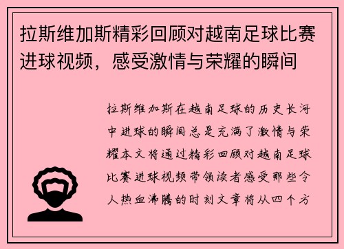 拉斯维加斯精彩回顾对越南足球比赛进球视频，感受激情与荣耀的瞬间